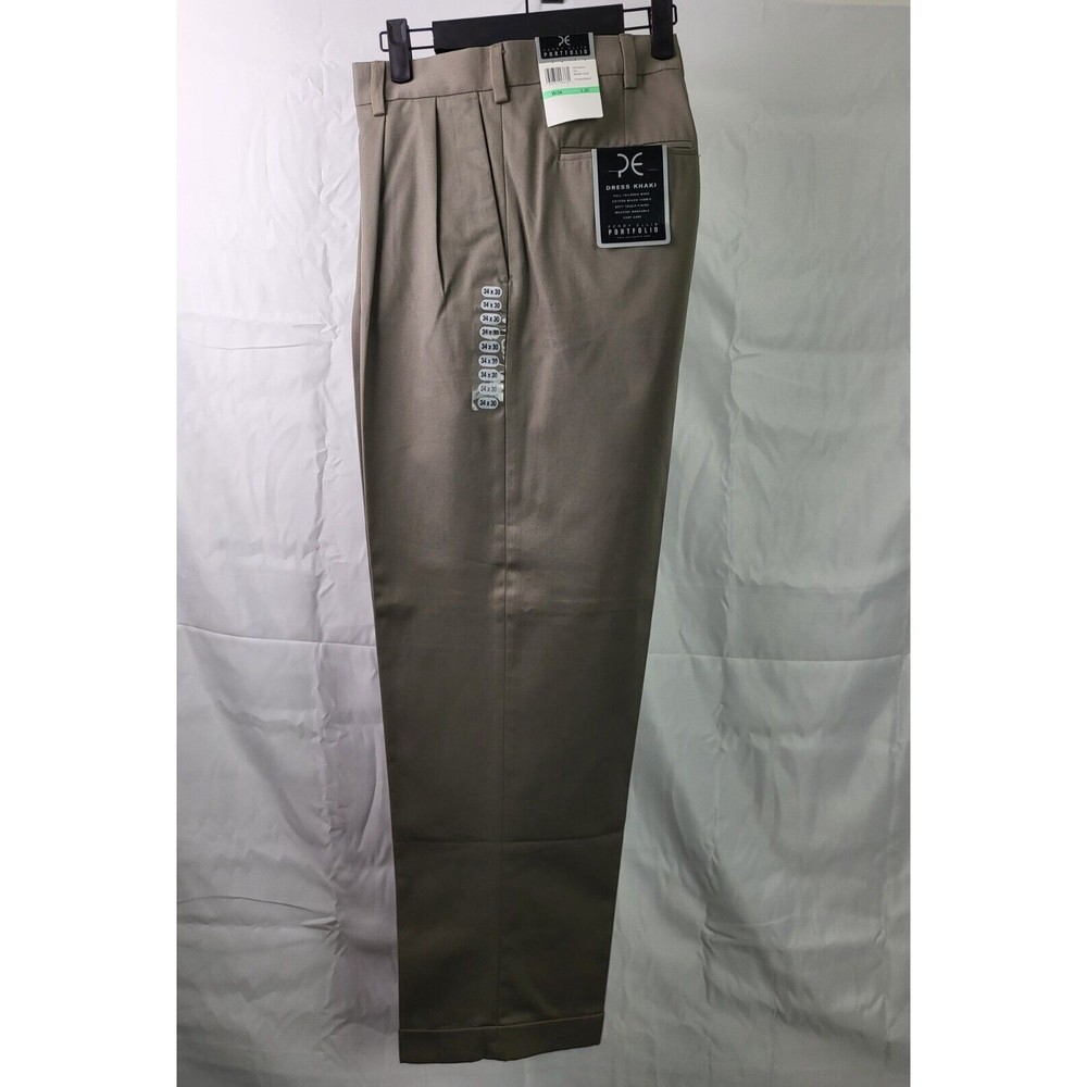 NEW Perry Ellis Portfolio Smoke Olive Khaki Pleated Cuffed Pant Mens Size 34x30